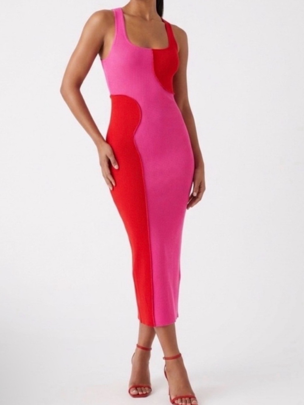 Naked Wardrobe — Colorblock Ribbed Tank Midi Dress in Pink & Red